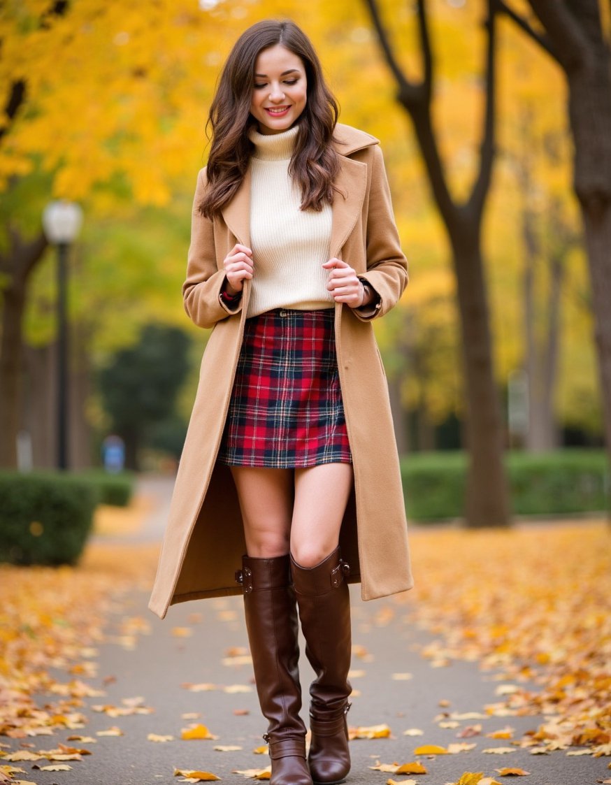 Casual outfit ideas - Preppy Fall Outfit: Plaid Skirt & Camel Coat - Cozy up in this preppy fall outfit! A...