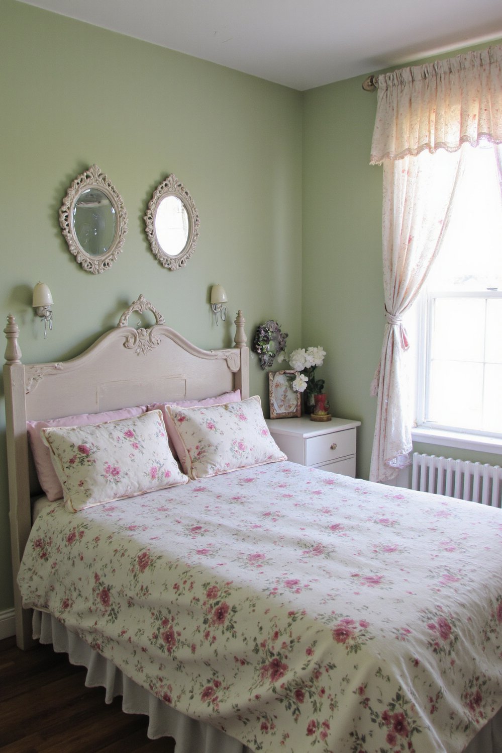 green bedroom ideas - Romantic Sage Green Bedroom with Floral Bedding - Sage green bedroom—so romantic! Delicate floral bedding and...