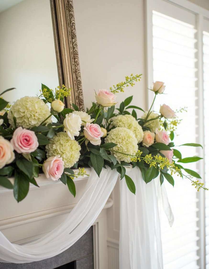 Spring mantel decor ideas - Romantic Spring Mantel: Pastel Roses & Sheer Fabric - Romantic spring mantel? This one's a dream. Sheer...