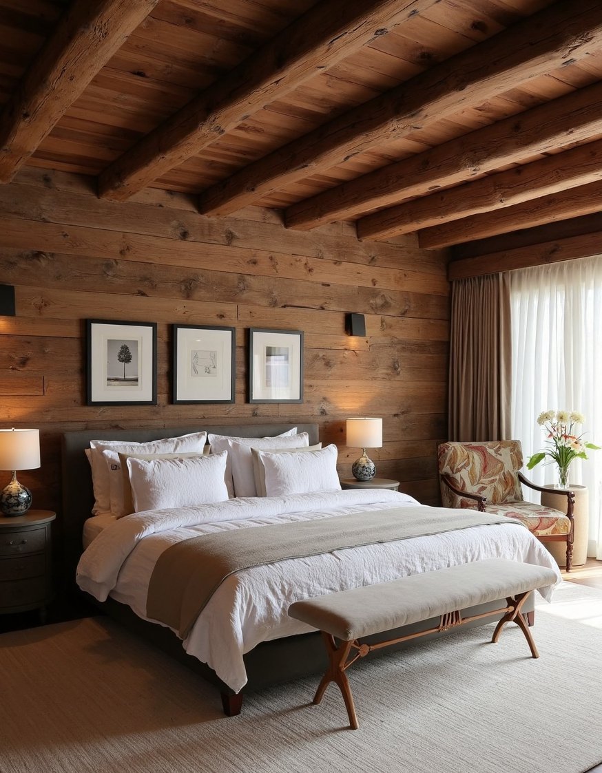 Wall decor bedroom ideas - Rustic Wood Wall Design: Cozy Bedroom Ideas - Rustic bedroom wall design ideas using exposed beams....