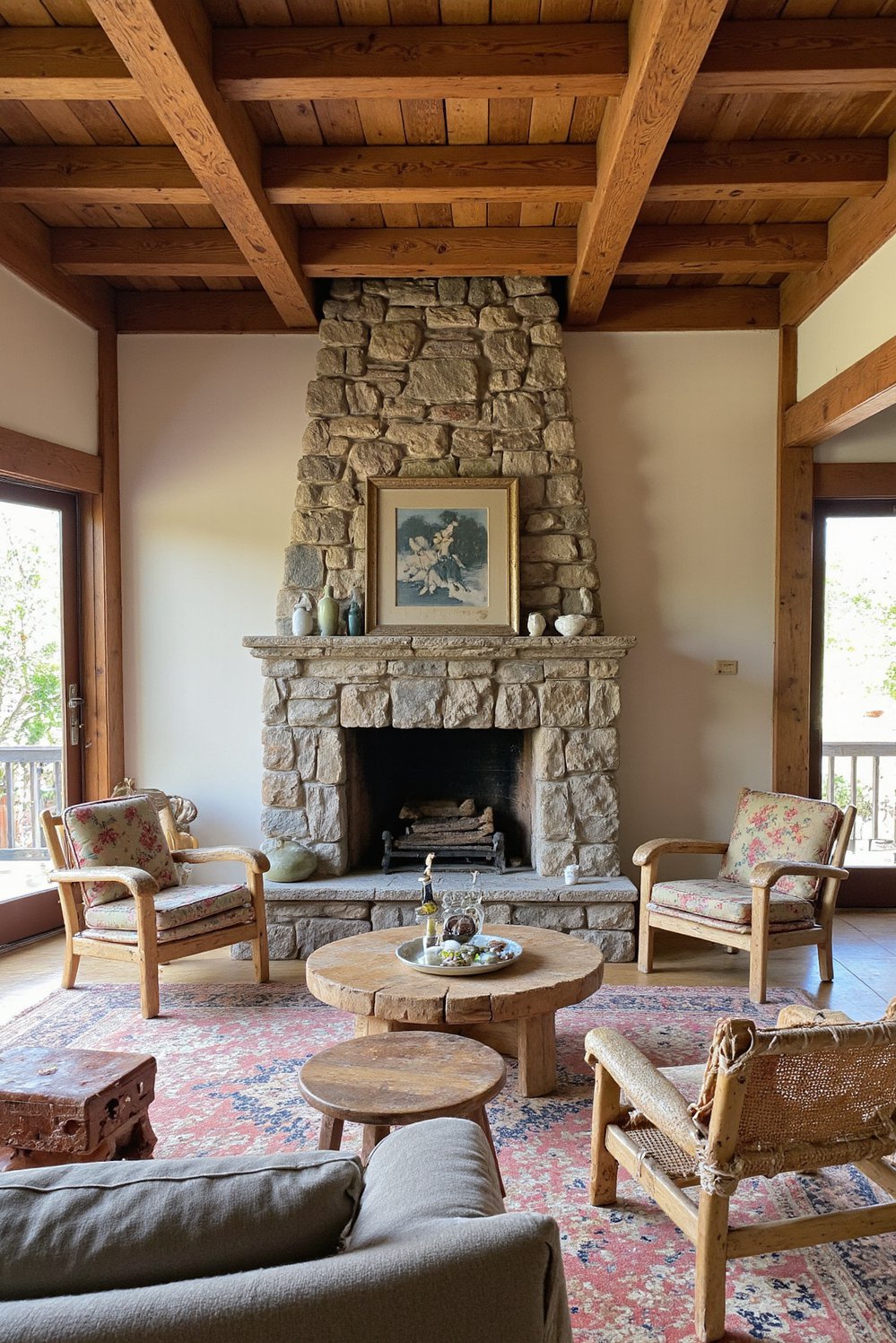 Japanese style living rooms - Rustic Japanese Living Room: Wood Beams & Stone Fireplace - Rustic Japanese living room: natural materials and cozy...