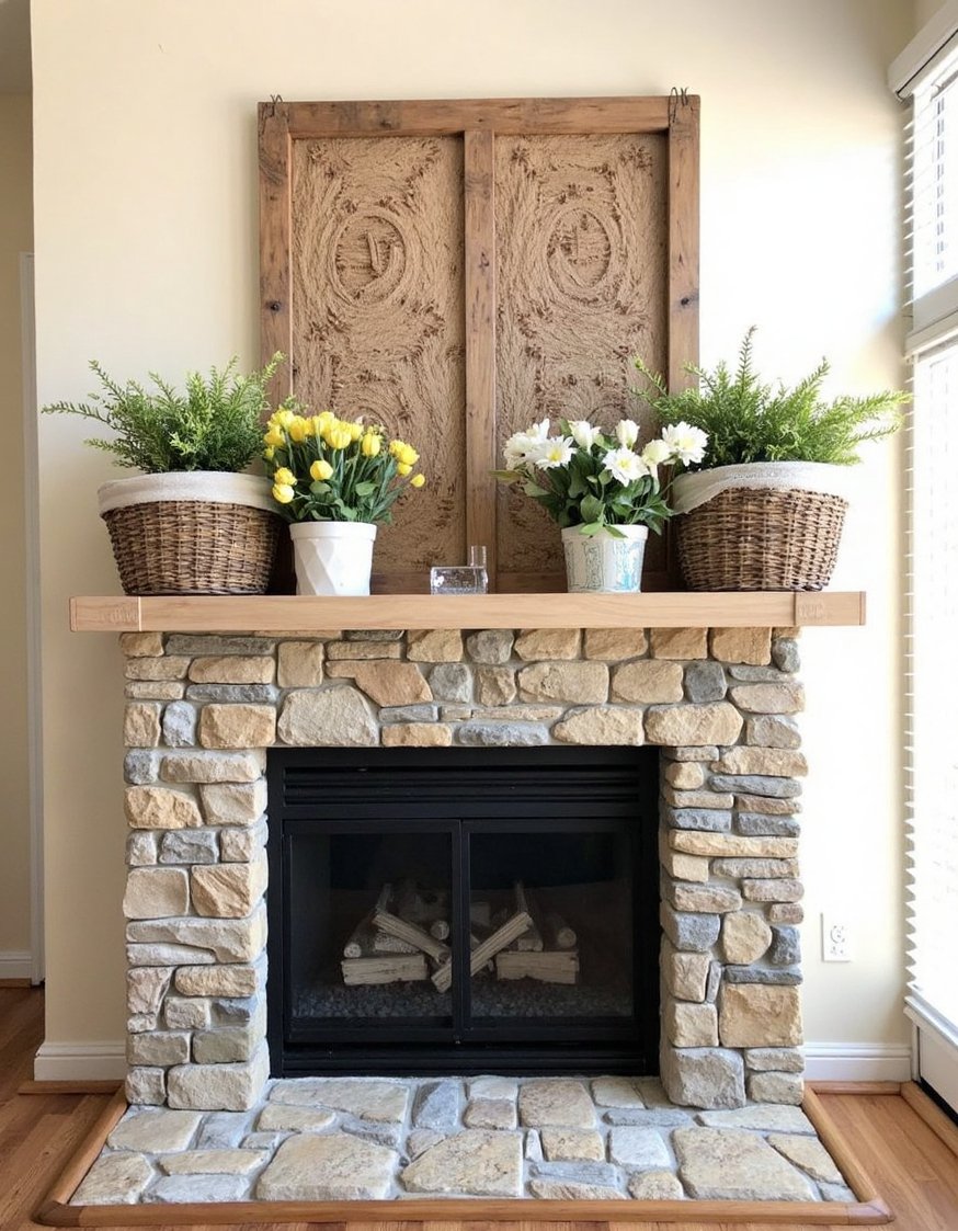 Spring mantel decor ideas - Rustic Spring Mantel Decor: Wood, Flowers & Baskets - Spring mantel decorating? I love a rustic look!...