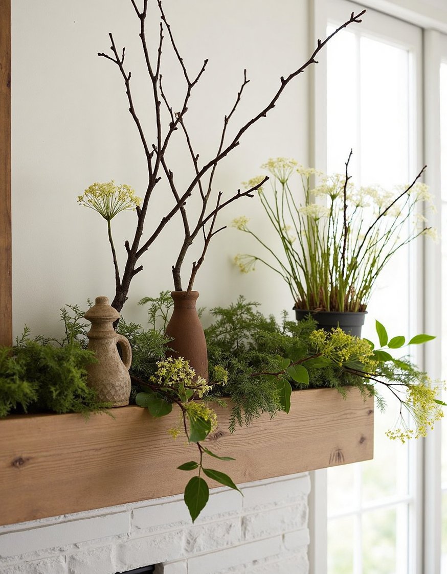 Spring mantel decor ideas - Rustic Spring Mantel Decor: Wildflowers & Twigs - Spring mantel decorating ideas using natural elements create...