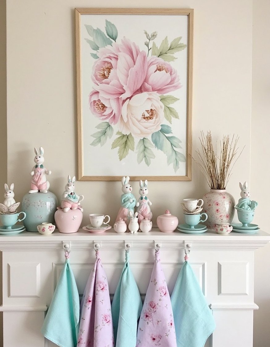 Spring mantel decor ideas - Shabby Chic Easter Mantel: Pastel Bunnies & Teacups - Shabby chic Easter mantel: vintage spring decor. Pastel...