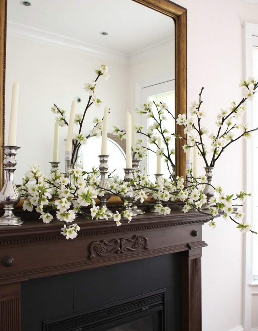 Spring mantel decor ideas - Elegant Spring Mantel: Blossoms & Silver Candlelight - Elegant spring mantel: This sophisticated look uses blossoming...