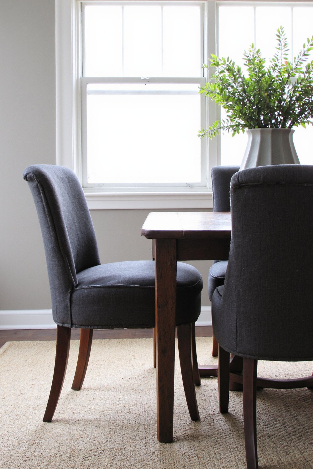 Neutral upholstered dining chairs - Neutral Gray Linen Dining Chairs: Subtle Texture - Neutral dining chairs: Three charcoal gray linen dining...