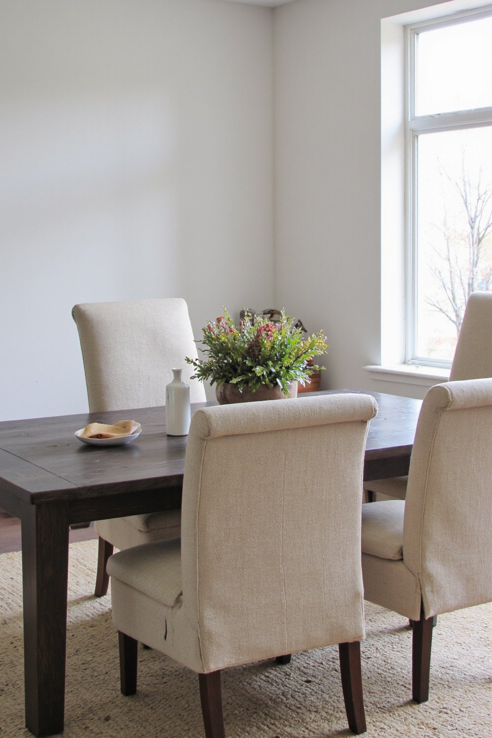 Neutral upholstered dining chairs - Neutral Beige Linen Dining Chairs & Dark Gray Table - Neutral dining chairs. Beige linen upholstery complements a...