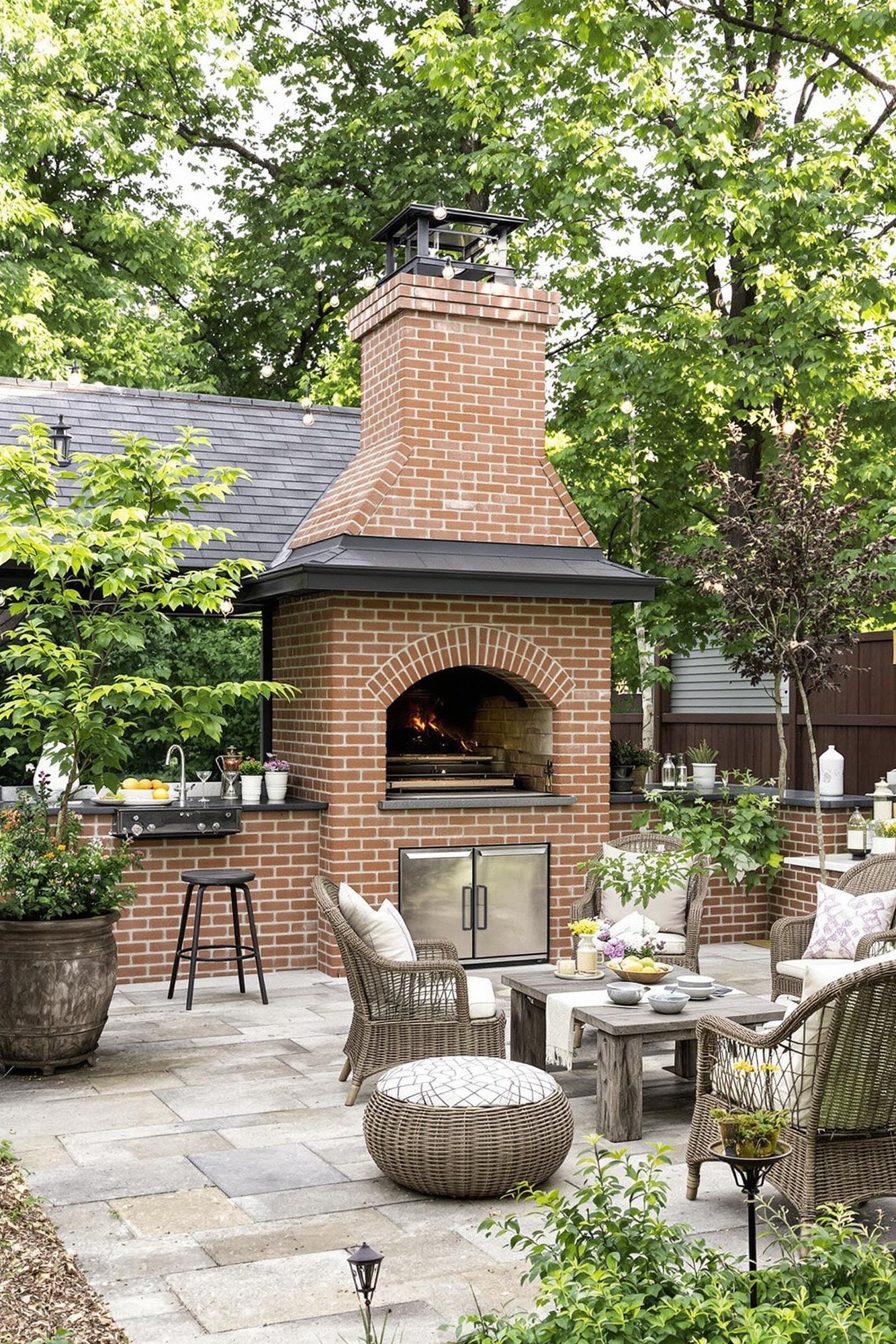 Outdoor entertaining area - Charming Brick Outdoor Kitchen & Flagstone Patio - Create a cozy backyard with this charming outdoor...