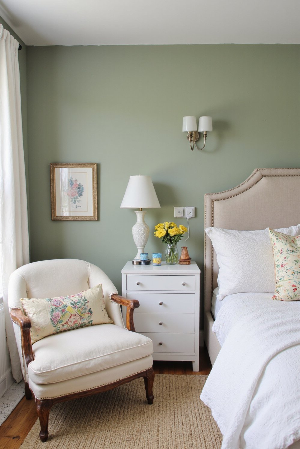 green bedroom ideas - Sage Green Bedroom: Modern & Traditional Style - Sage green walls create a calming, transitional bedroom....