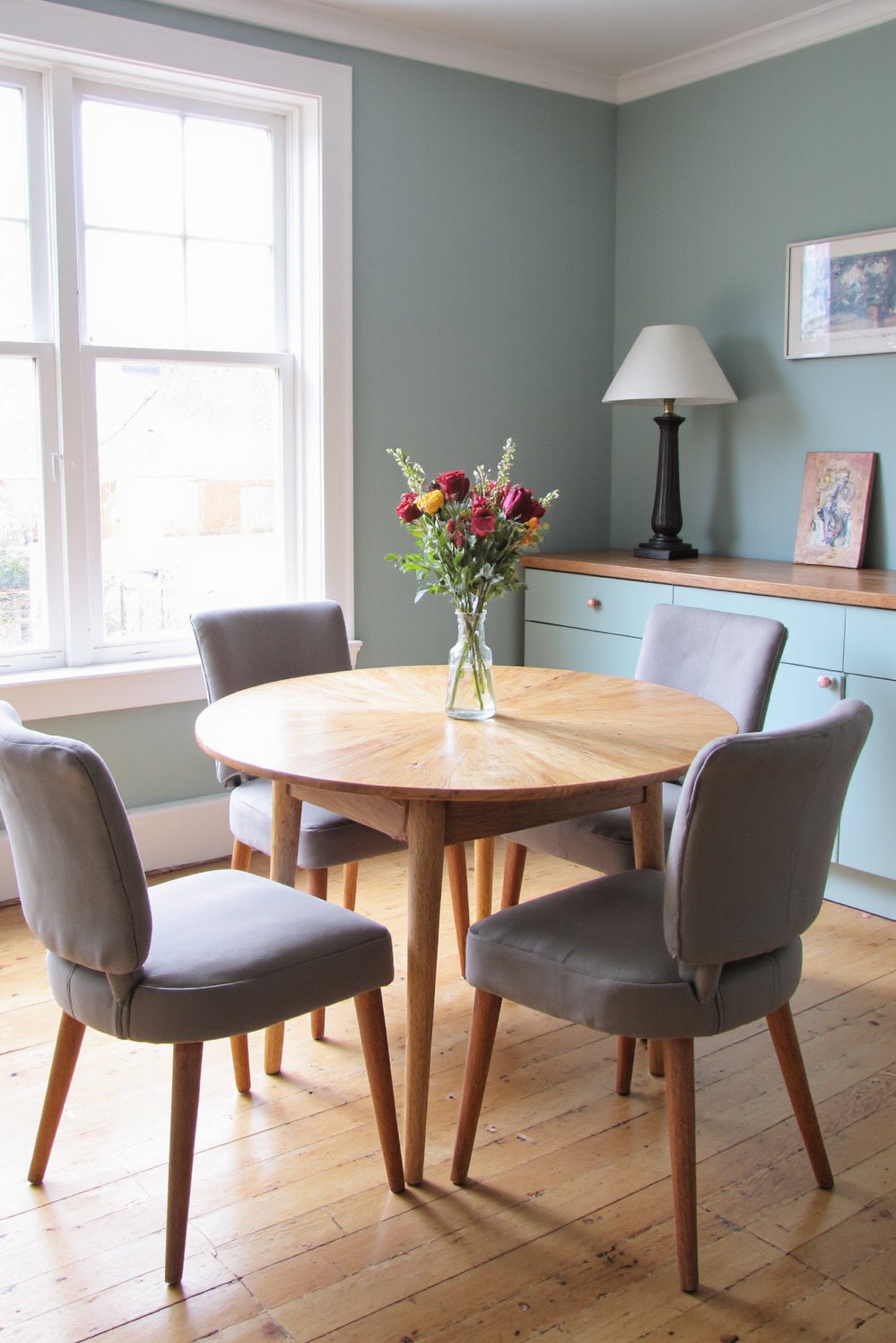 Neutral upholstered dining chairs - Dove Gray Velvet Dining Chairs: Small Space Style - Six dove-gray velvet dining chairs with delicate wooden...