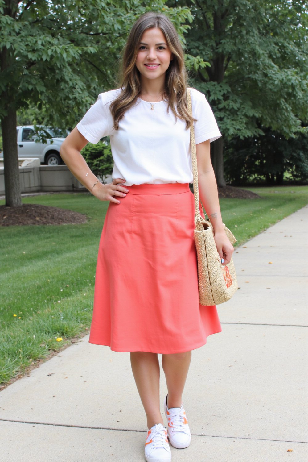 graduation outfit ideas - Coral Skirt & White Blouse: Graduation Outfit Ideas - Graduation outfit ideas! This coral A-line skirt and...