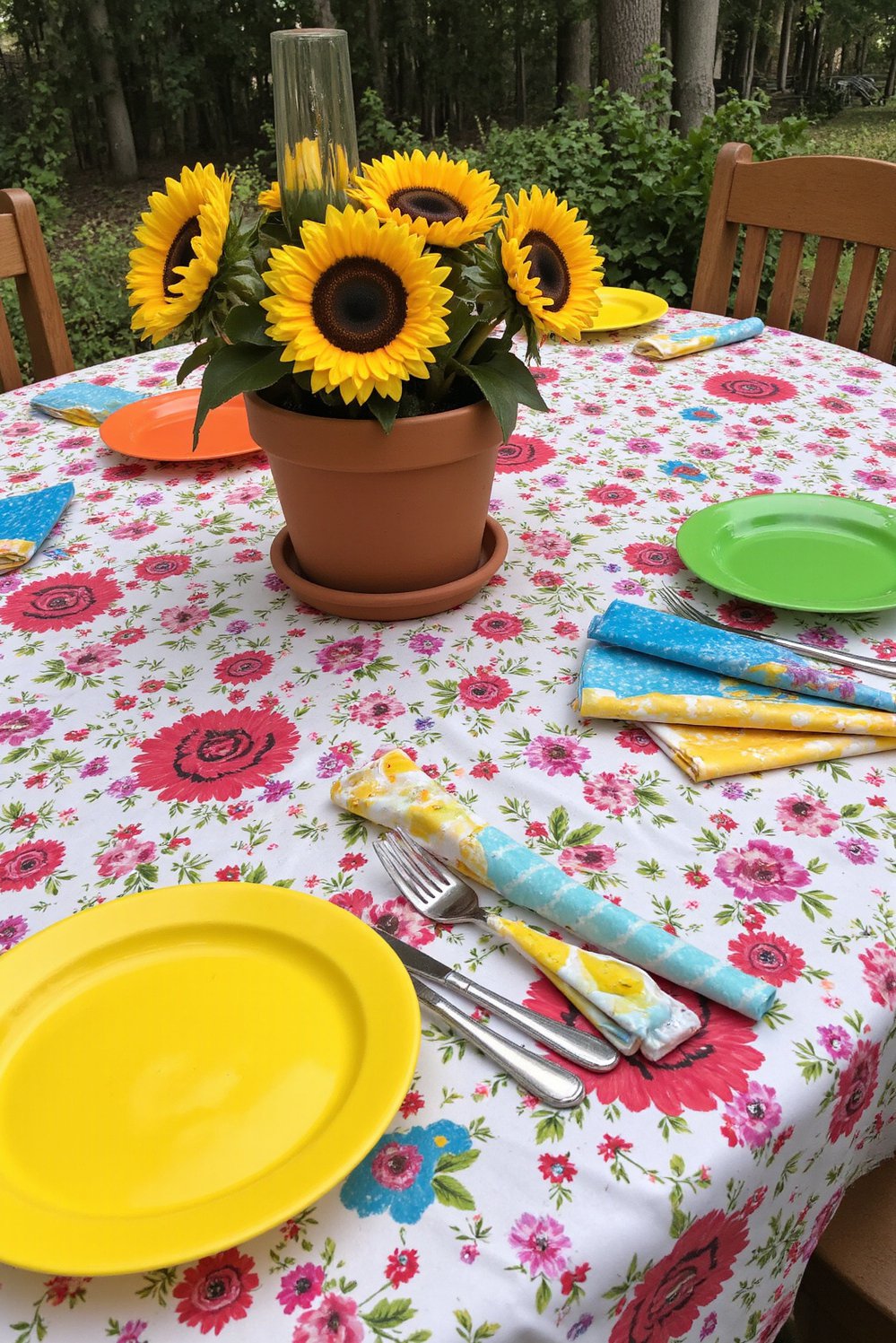 Spring Tablescapes ideas - Vibrant Spring Tablescapes with Sunflower Centerpieces - Spring tablescape ideas using a bold floral tablecloth....