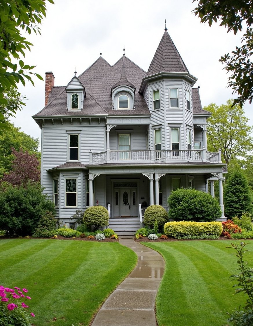 Victorian homes exterior - Elegant Grey Victorian Home: Landscaped Front Yard - Victorian house exterior: Soft grey paint complements the...