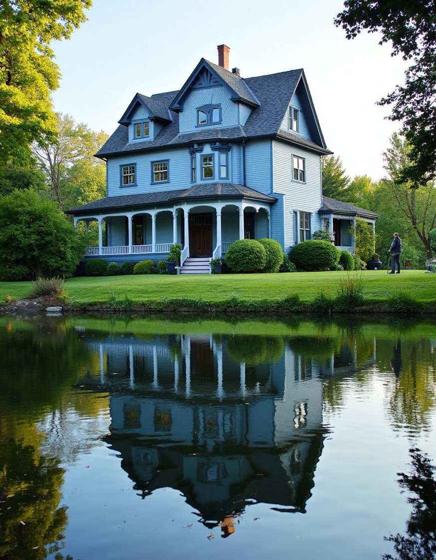 Victorian homes exterior - Serene Blue Victorian Home Exterior Reflection - Victorian home exterior: peaceful blue paint reflecting in...