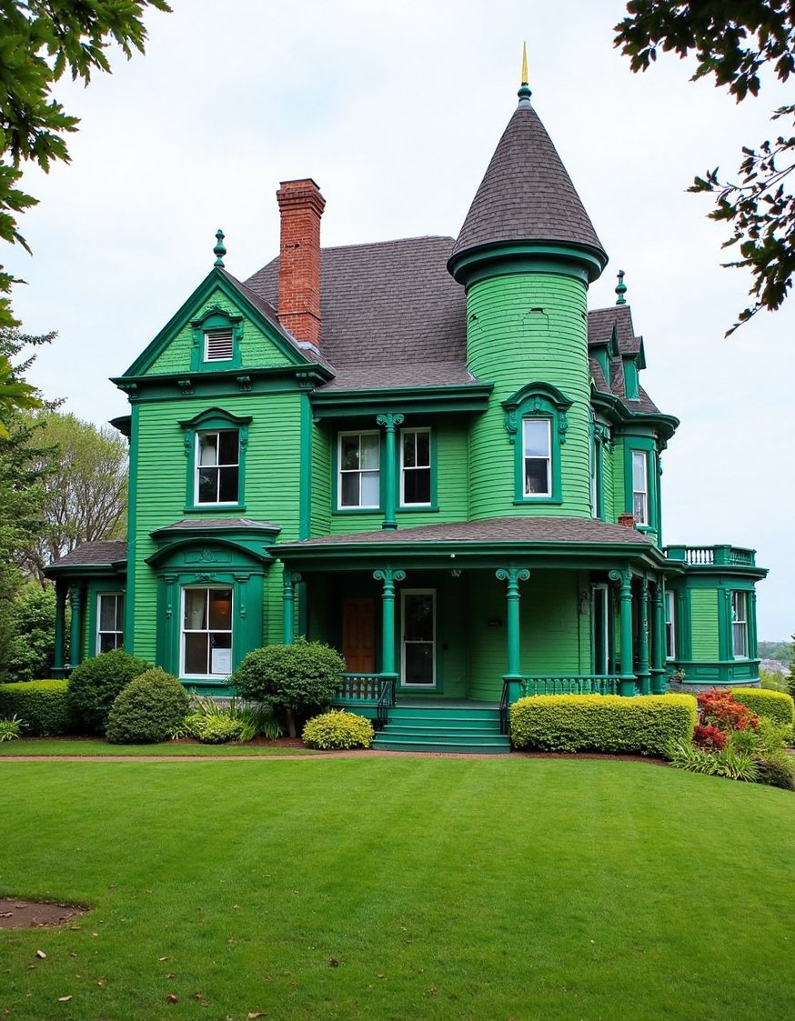 Victorian homes exterior - Majestic Emerald Green Victorian Home on a Hill - Majestic Victorian home exterior, emerald green. It sits...