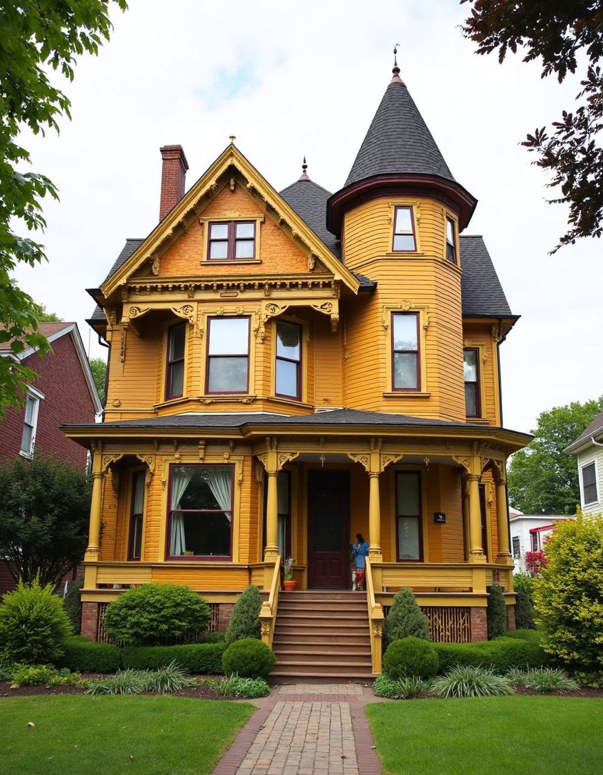 Victorian homes exterior - Ochre Victorian Home Exterior with Turret - Victorian home exterior: ochre-colored house with a grand...