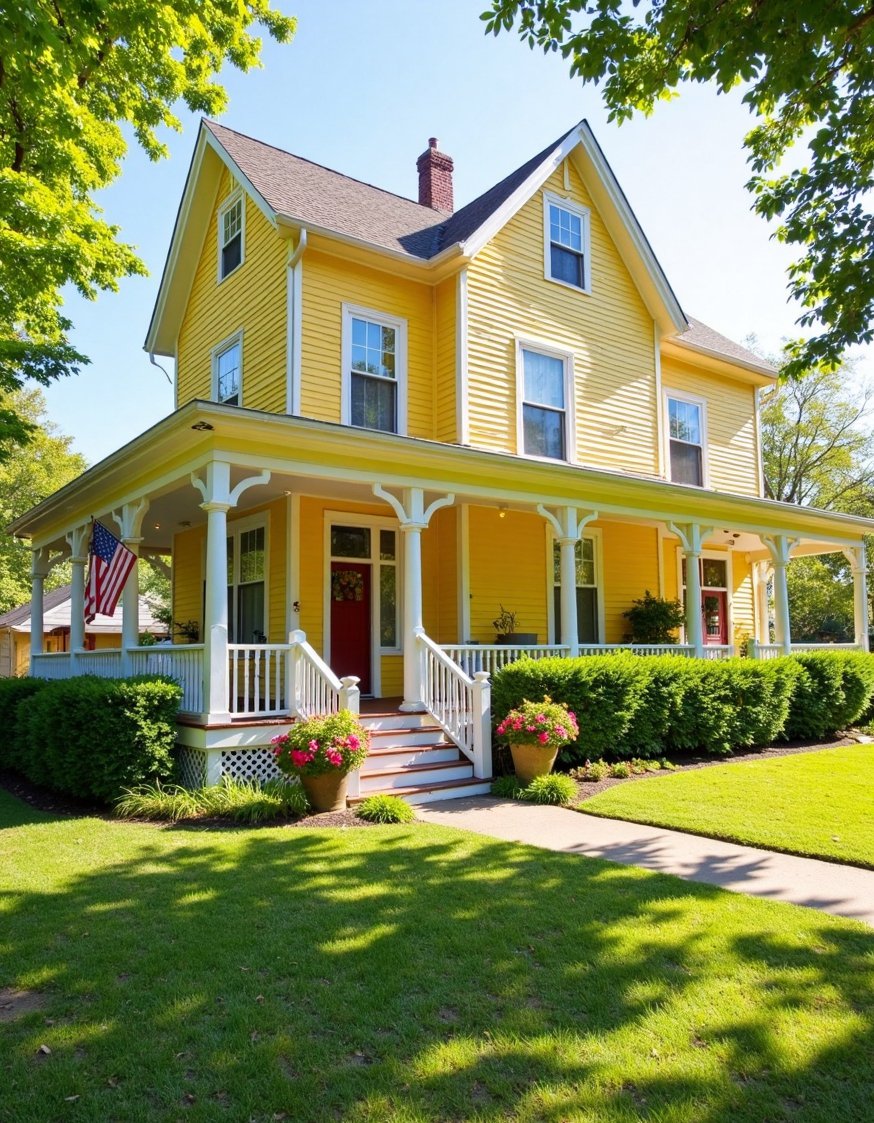 Victorian homes exterior - Cheerful Yellow Victorian Home: Porch & Lush Landscaping - This cheerful yellow Victorian home is picture-perfect! White...