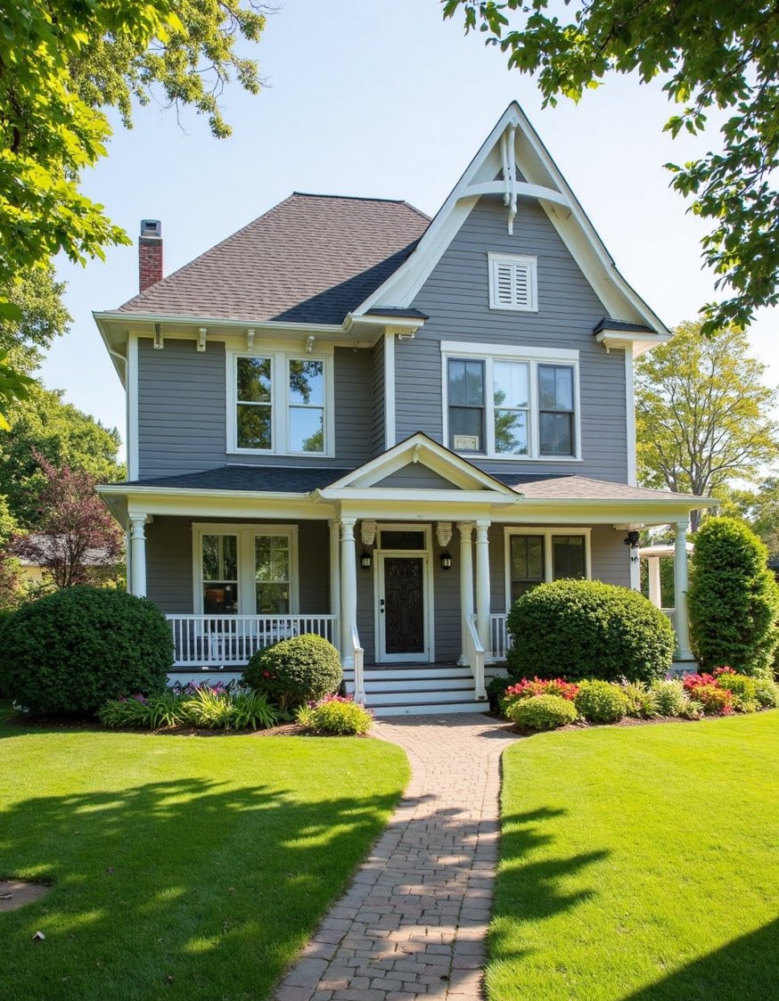Victorian homes exterior - Elegant Grey Victorian Home Exterior with Curb Appeal - This elegant grey Victorian home exterior is bathed...