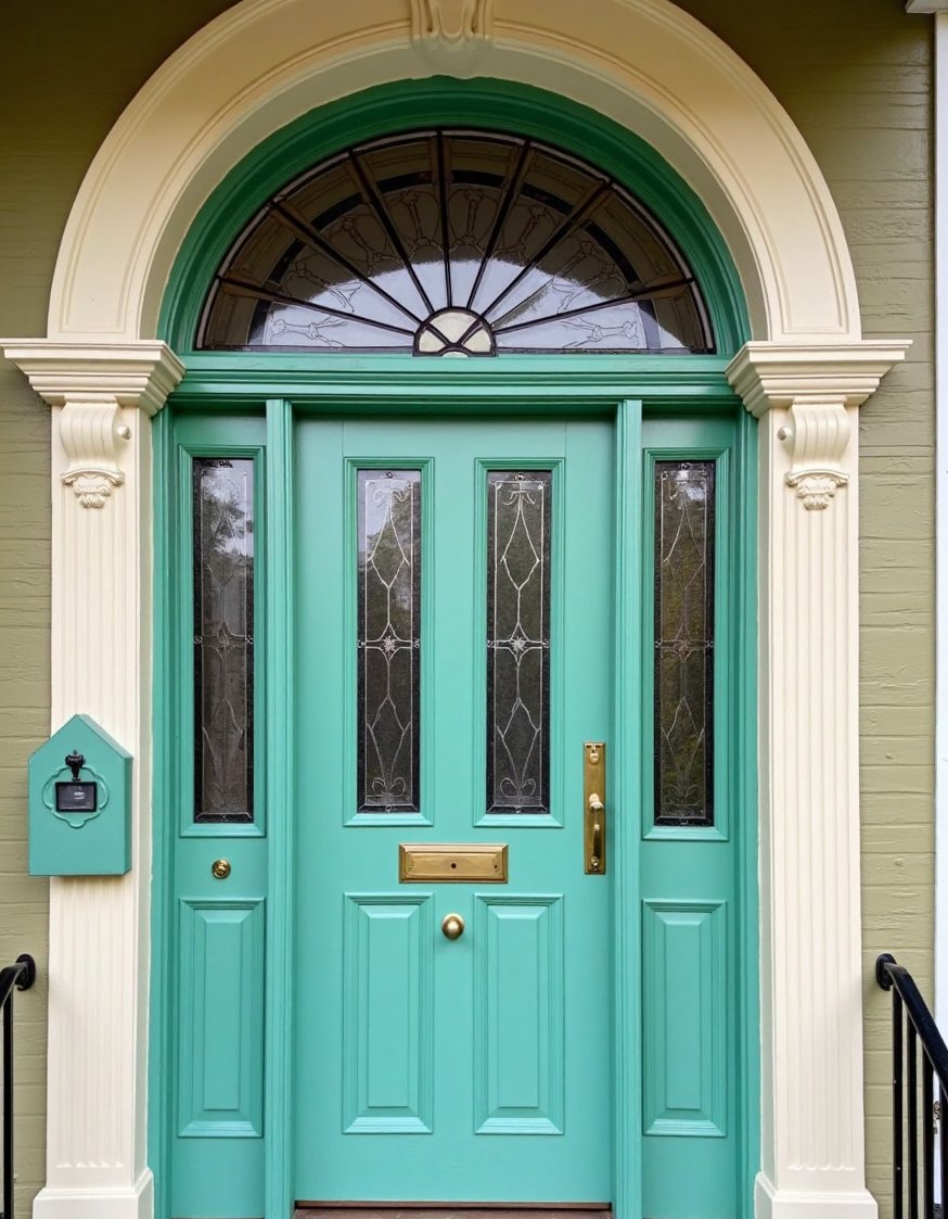 Victorian homes exterior - Ornate Teal & Cream Victorian Front Door - This close-up shows the exquisite detail of a...