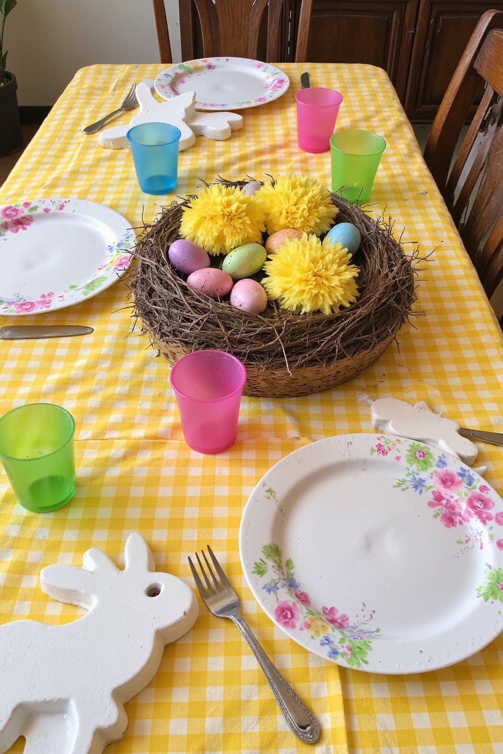 Spring Tablescapes ideas - Whimsical Easter Tablescape: Bunny & Chick Fun - Fun Easter tablescape for kids: A bright yellow...