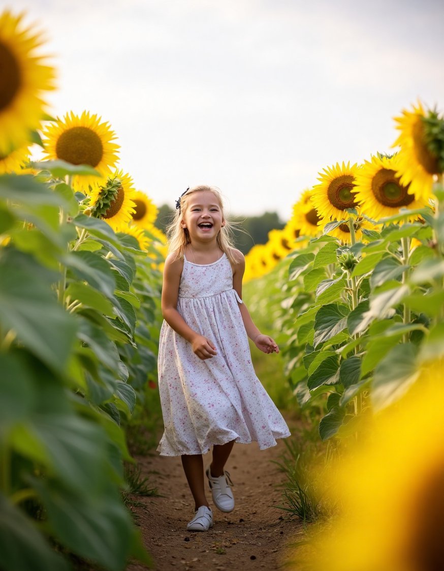 Flower Field Photography Ideas - Joyful Sunflower Mini Session: Girl Running Through Field - Picture a joyful, carefree mini-photoshoot! This wide shot...