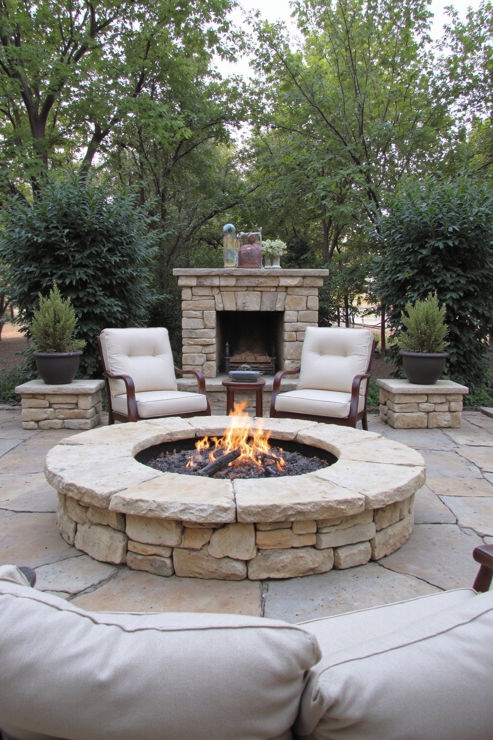 Fire pit patio ideas - Mediterranean Outdoor Fire Pit with Plush Seating - Mediterranean luxury: Imagine relaxing evenings by this stunning...