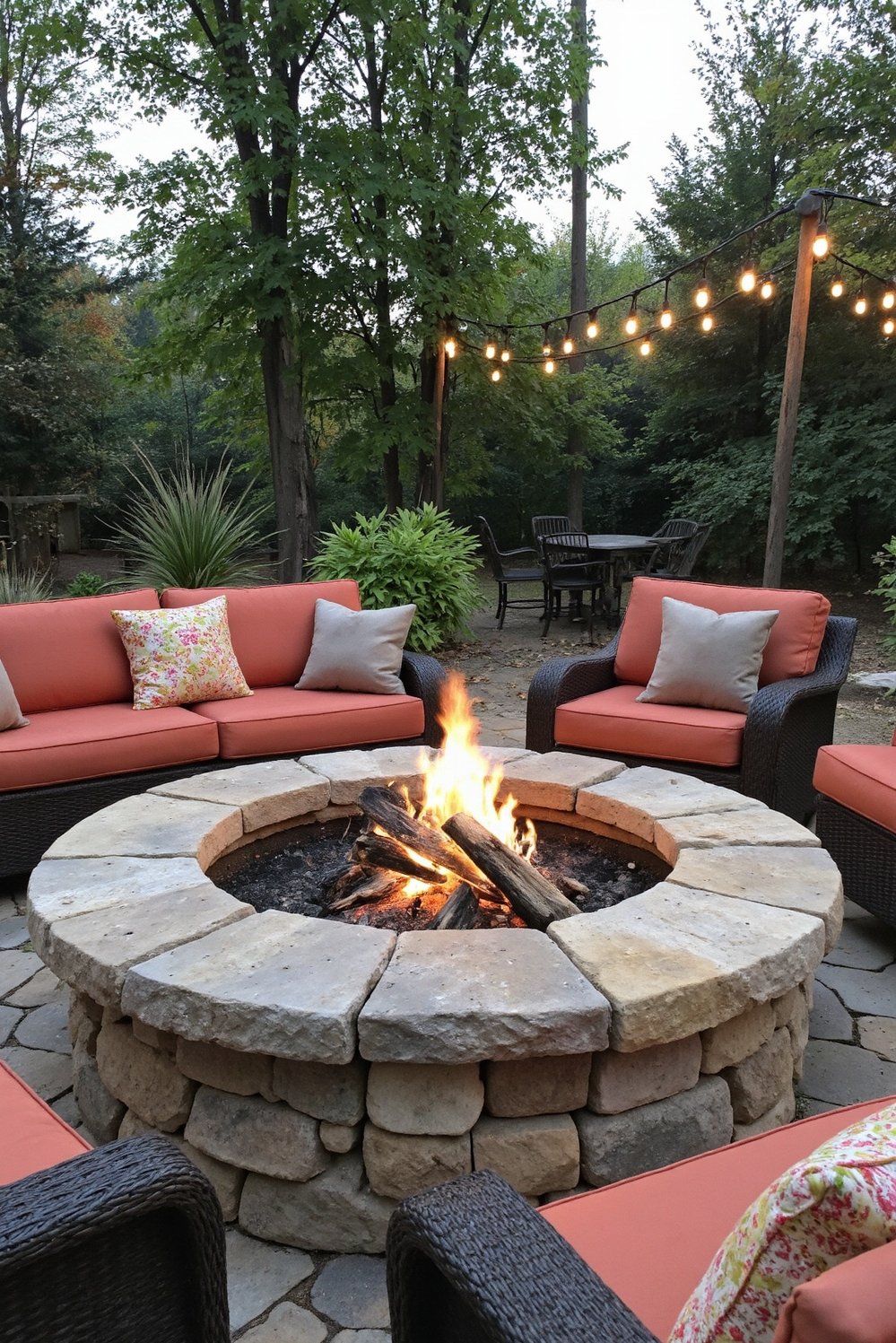 Fire pit patio ideas - Rustic-Chic Fire Pit Lounge with String Lights - Rustic-chic fire pit patio. A large stone fire...
