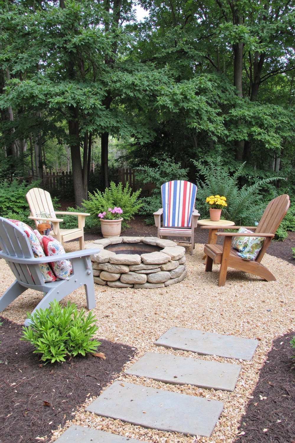 Fire pit patio ideas - Charming Cottage Backyard Fire Pit with Stone Design - Cozy cottage-style fire pit: perfect for intimate gatherings....