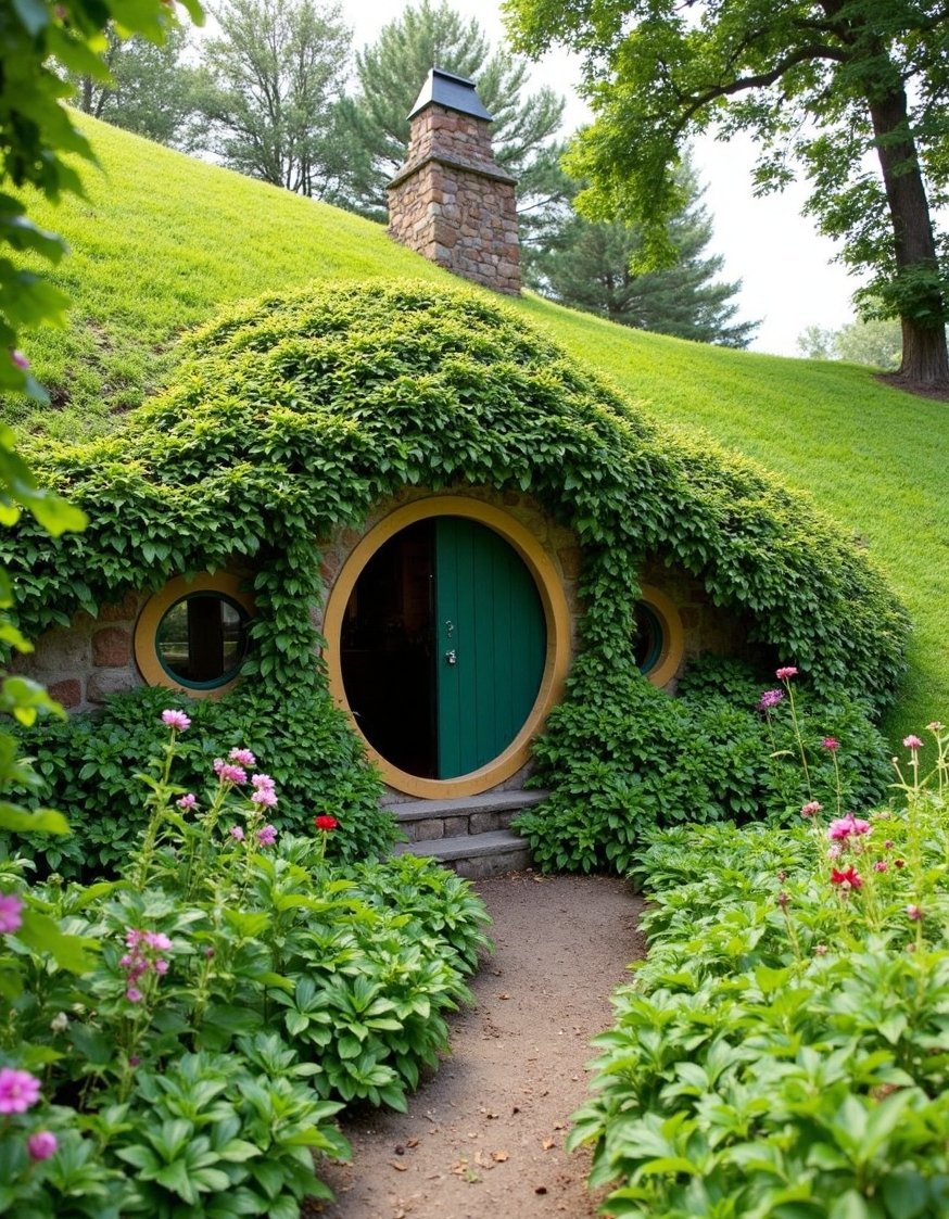 home greenhouse ideas - Ivy-Covered Hobbit Greenhouse: Charming Backyard Design - This hobbit-hole greenhouse is amazing! Half-buried in a...