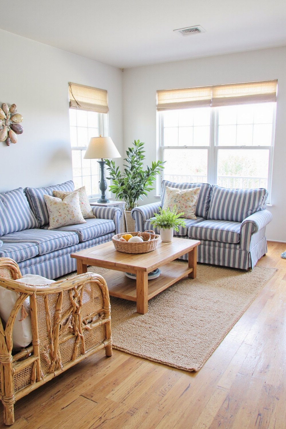 beachy living room ideas - Classic Beach House Living Room with Rattan - Coastal living room ideas: This classic beach house...