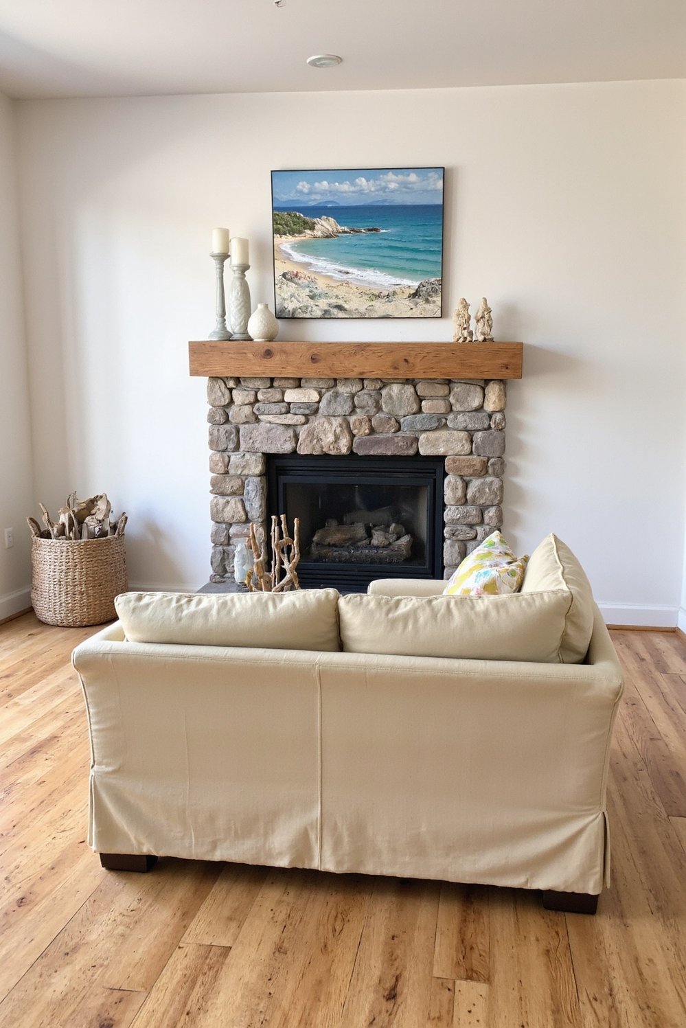 beachy living room ideas - Cozy Beachy Living Room with Stone Fireplace - Beach style living room: This cozy space centers...