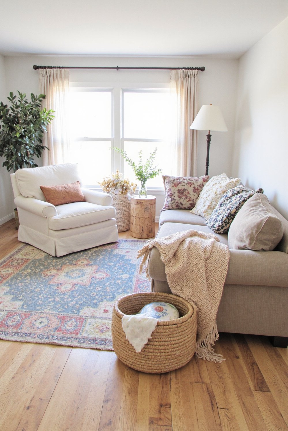 beachy living room ideas - Cozy Beachy Living Room with Plush Sofa & Throws - Beach living room: This casual space is perfect...
