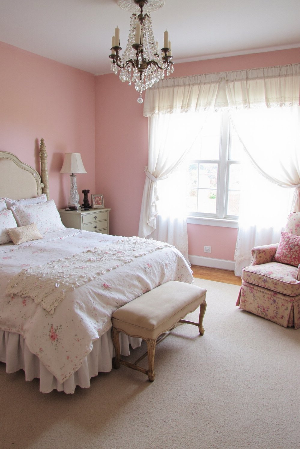 bedroom color combination ideas - Blush Pink & White Shabby Chic Bedroom - Escape to a dreamy shabby chic bedroom. Soft...