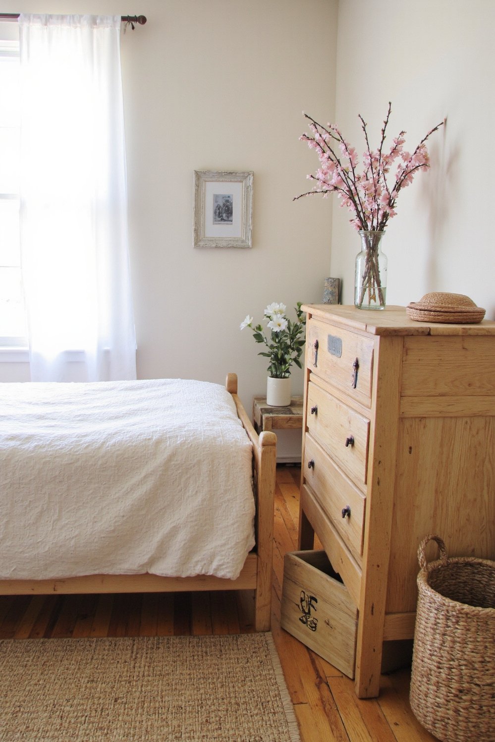 Cherry Bedroom Ideas - Red Farmhouse Bedroom: Cherry Wood & Woven Baskets - This red cherry bedroom is pure farmhouse charm....
