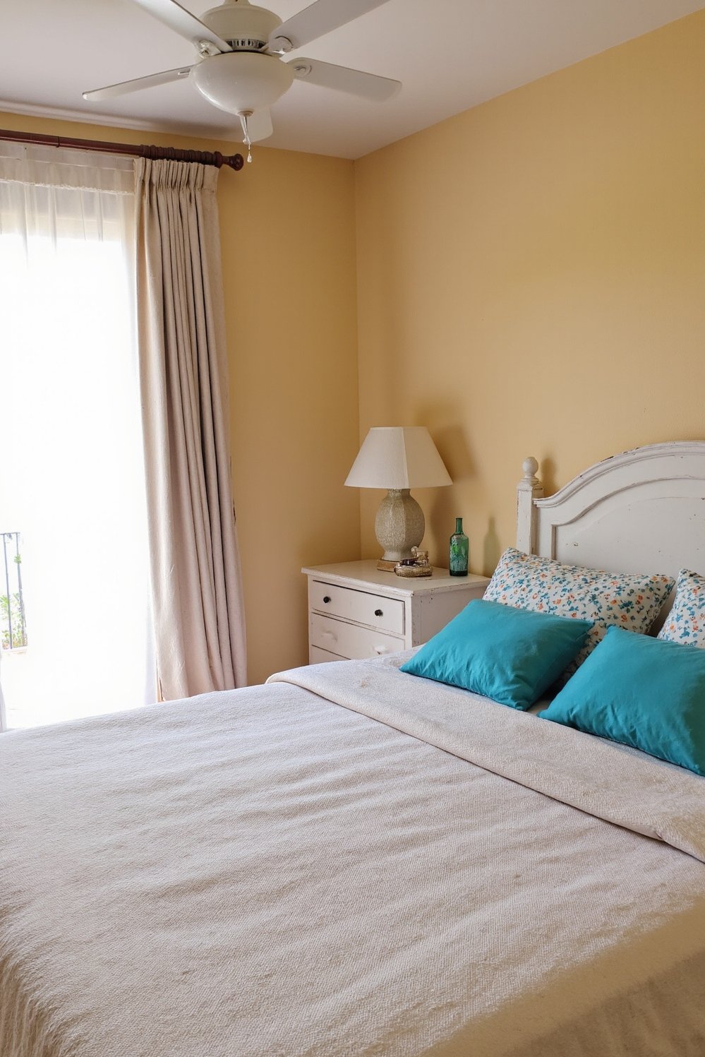 bedroom color combination ideas - Sandy Beige & Turquoise: Coastal Bedroom Color Palette - Imagine waking up in this sun-drenched Mediterranean bedroom!...