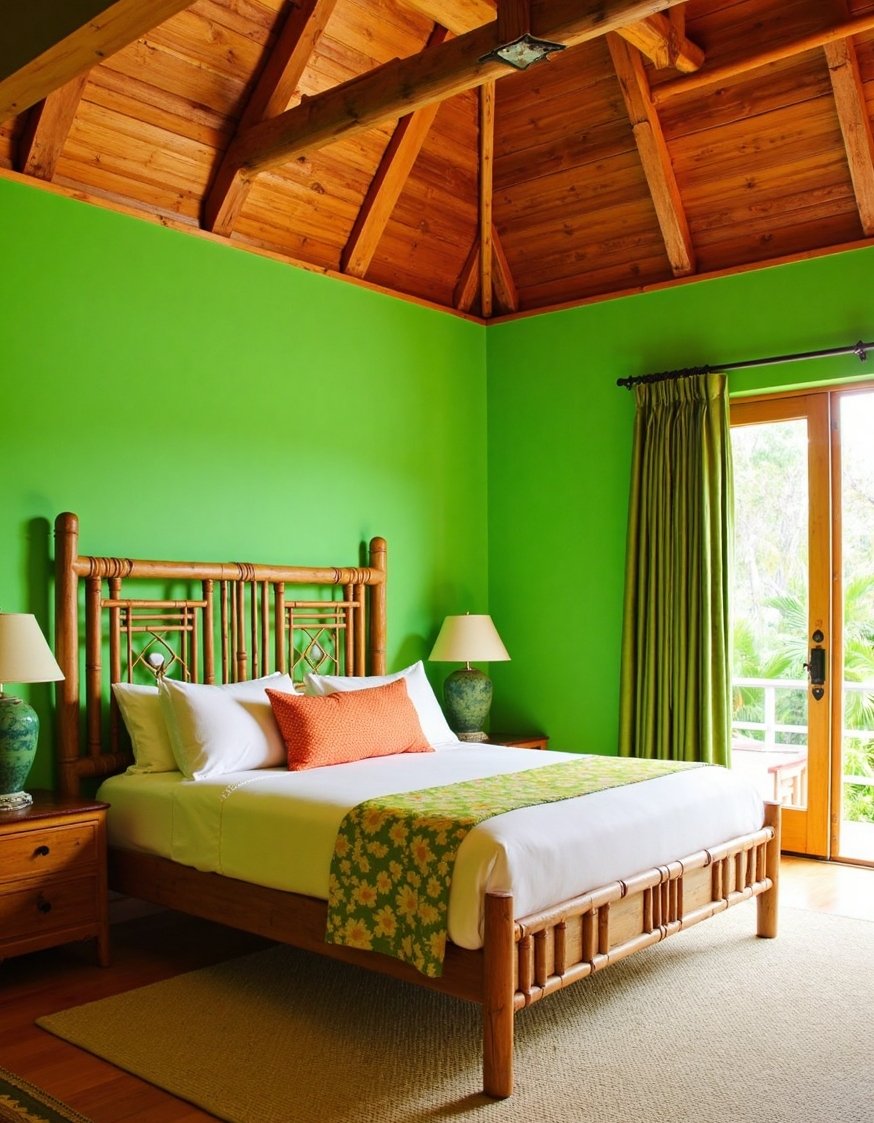 best bedroom color combination ideas - Vibrant Green Tropical Bedroom: Orange & Yellow Accents - Escape to a tropical bedroom oasis! Vibrant green...