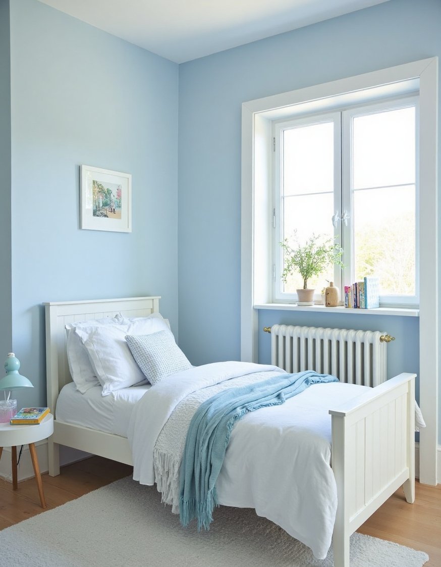 Blue and white girls bedroom - Airya Scandinavian Blue and White Girls Bedroom - Serene Scandinavian-inspired girl's bedroom. Light blue walls and...