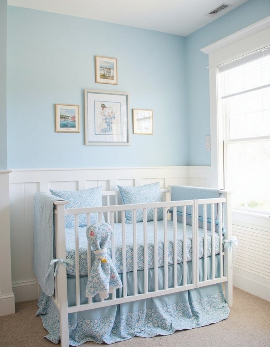 Blue and white girls bedroom - Nautical-Themed Blue and White Baby Girl's Room - Sweet nautical-themed nursery! Soft blue walls above crisp...