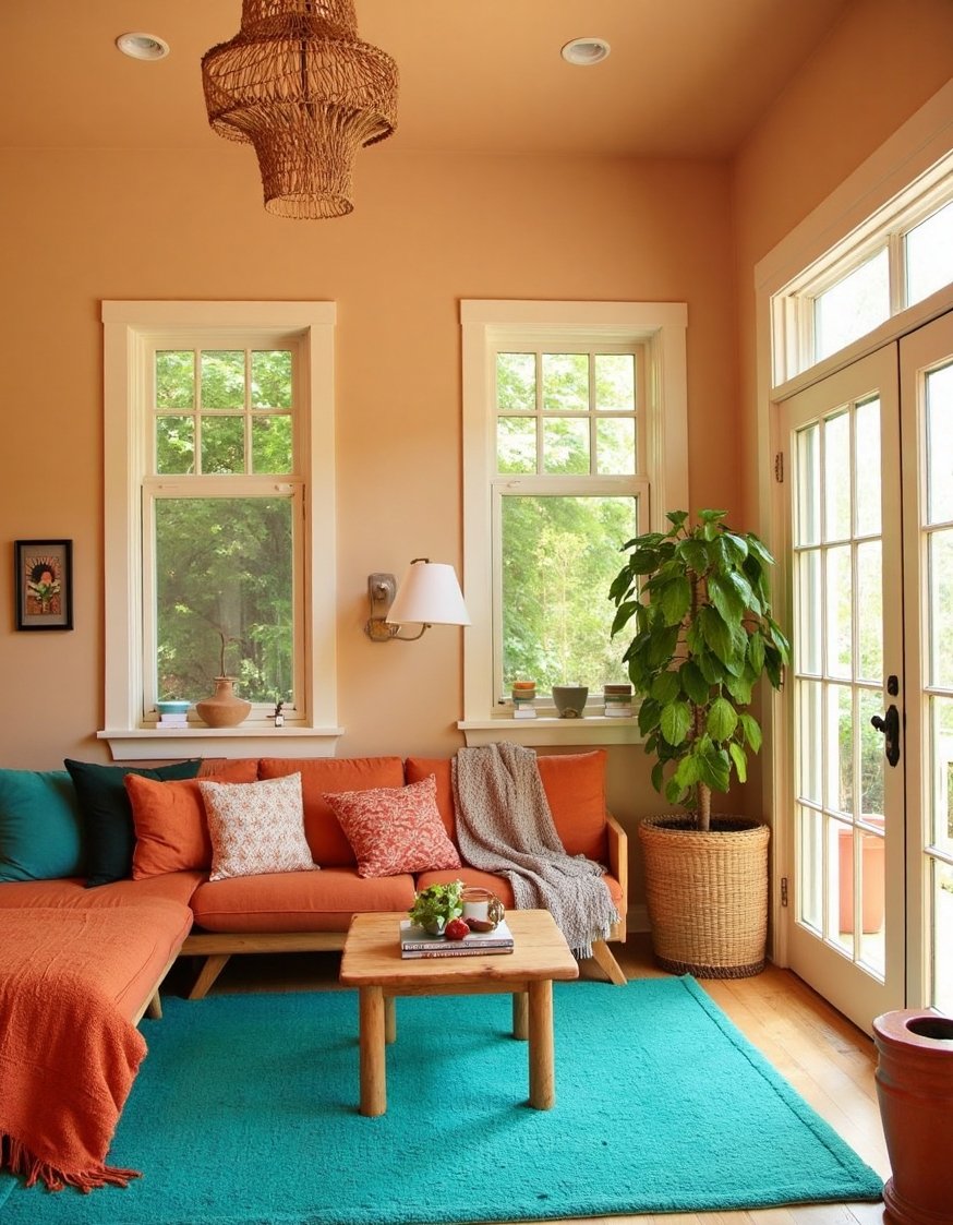 living room color combination ideas - Bohemian Living Room: Sandy Beige & Turquoise - Love this sun-drenched bohemian living room! Sandy beige...