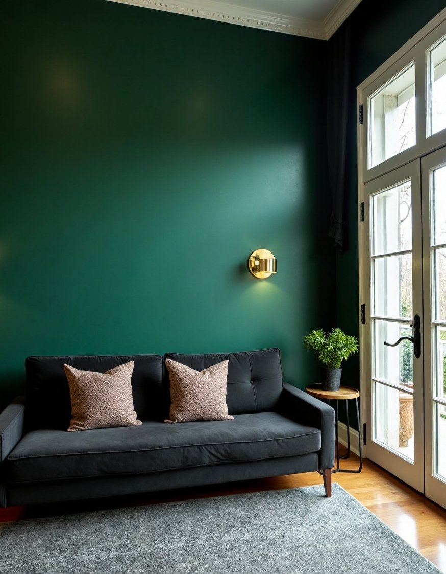 living room color combination ideas - Emerald Green & Gray Living Room: Dramatic Palette - This dramatic living room uses a deep emerald...