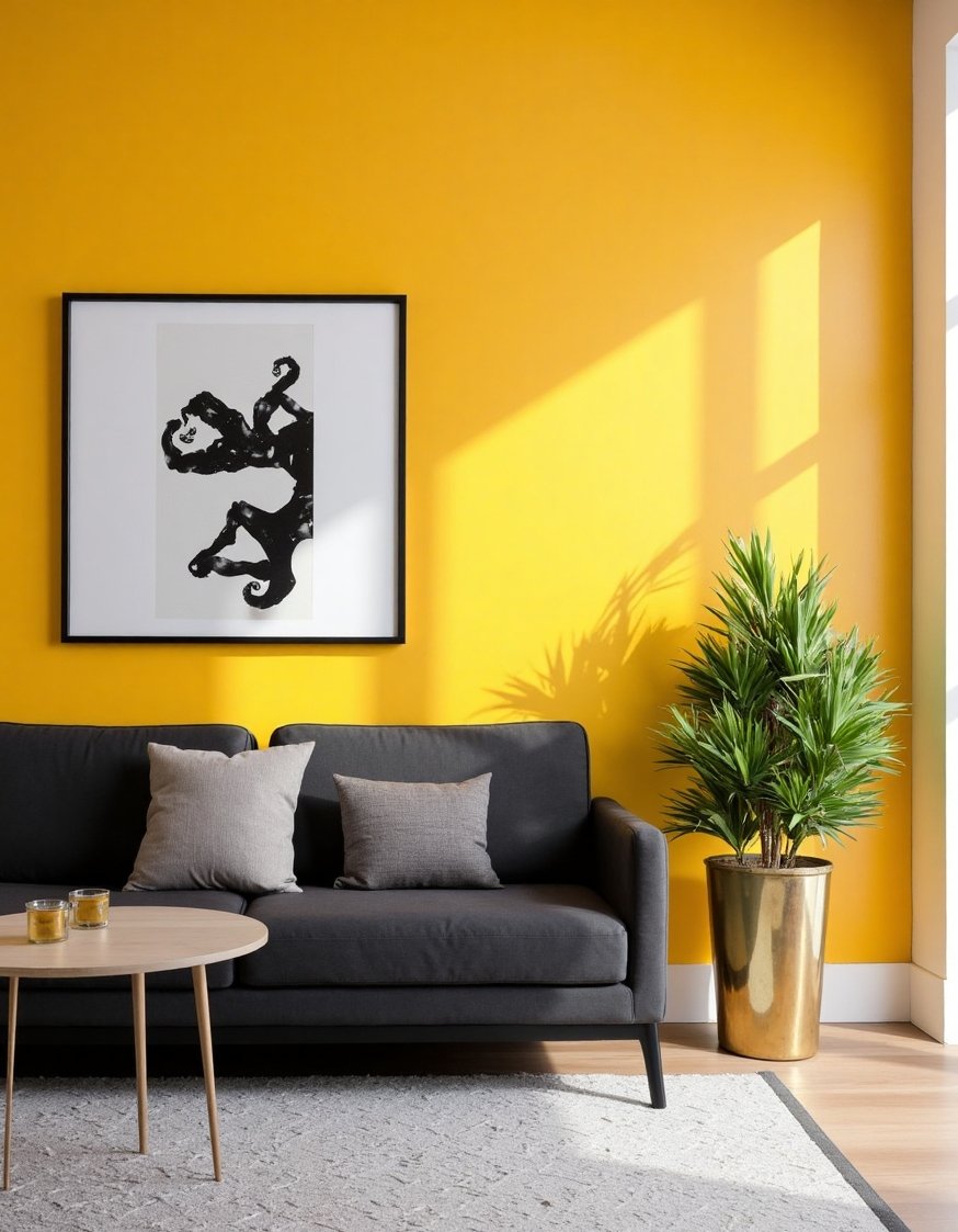 living room color combination ideas - Sunny Yellow & Charcoal Gray Living Room - Love a dramatic living room? This bold color...