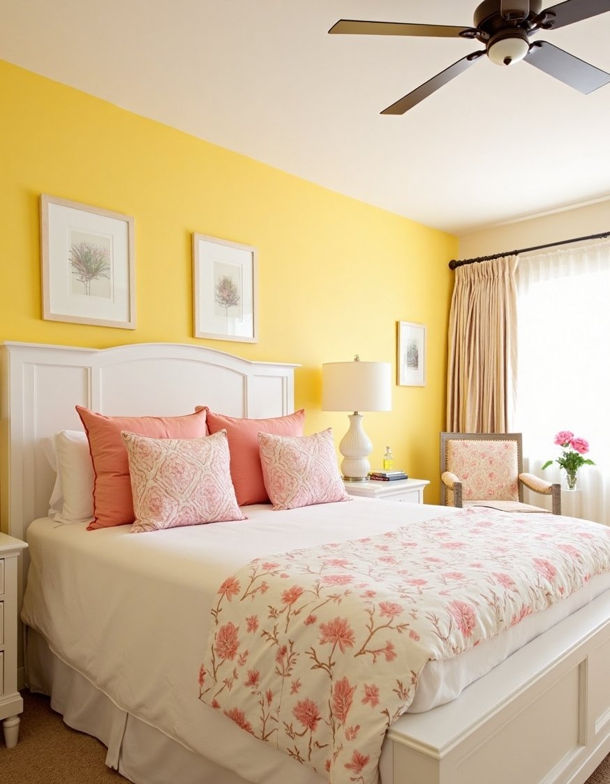 best bedroom color combination ideas - Cheerful Yellow & Coral Bedroom Color Combination - Pale yellow bedroom walls create a bright, airy...