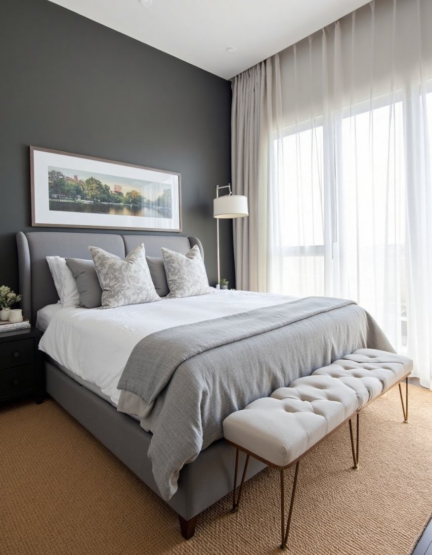 Charcoal Bedroom Ideas - Bright Charcoal Master Bedroom: Gray Accent Wall Design - This airy charcoal master bedroom feels surprisingly bright....