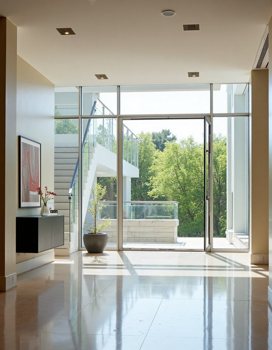 luxury houses entrance - Bright Modern Entrance: Floor-to-Ceiling Windows & Staircase - Modern luxury home entrance. Floor-to-ceiling windows create a...