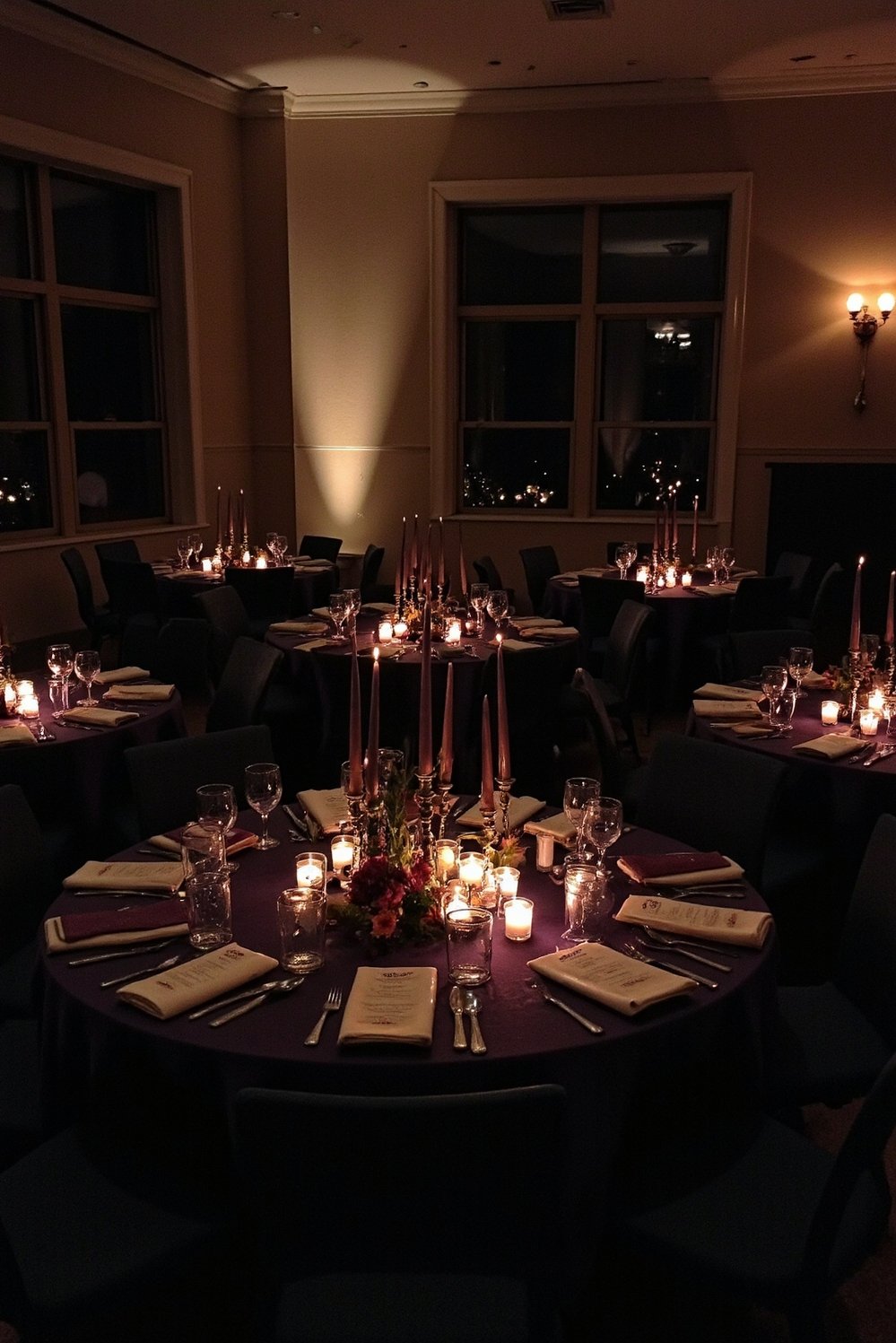 Moody Romantic Wedding Decor - Moody Romantic Wedding: Dark Candlelit Dinner - Moody wedding decor: dark linens, flickering candles. I...