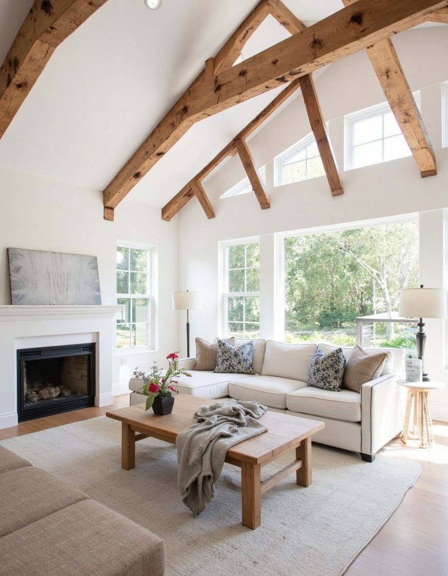 Innovative contemporary ceiling design - Whitewashed Beams: Rustic-Chic Modern Ceiling Design - Modern farmhouse ceiling: Exposed white beams create a...