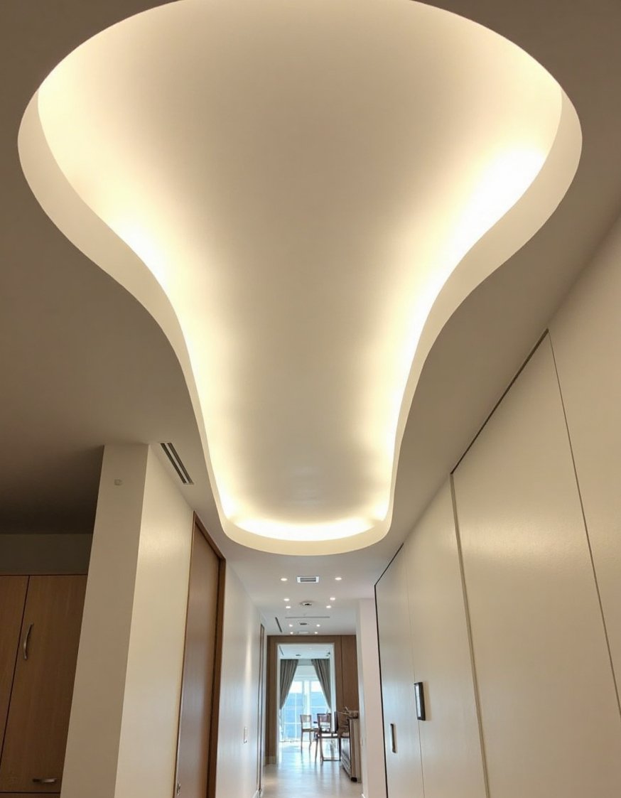 Innovative contemporary ceiling design - Curved Plaster Ceiling with Recessed Lighting - Elegant curved plaster ceiling: Subtle curves and recessed...