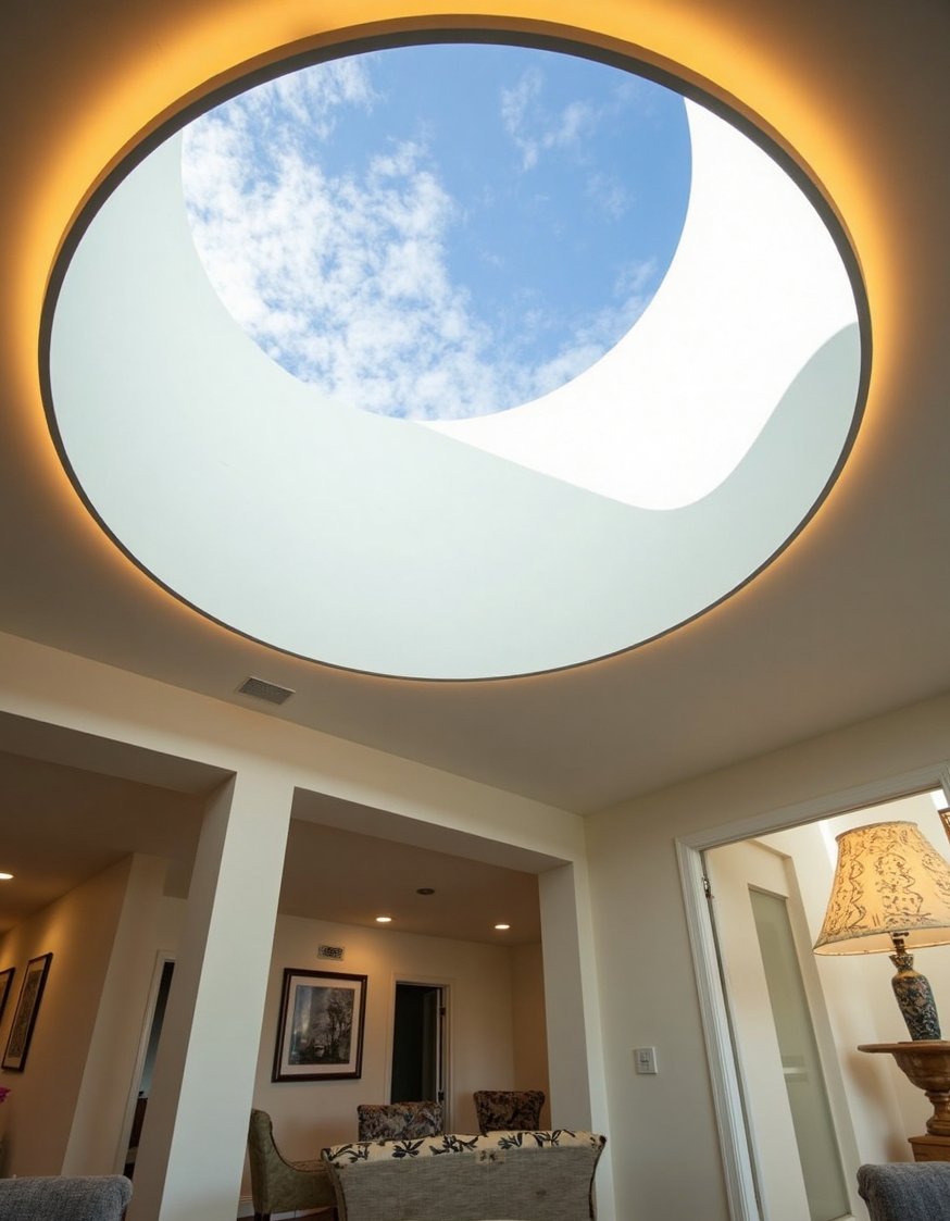 Innovative contemporary ceiling design - Circular Skylight & LED Living Room Ceiling Design - Contemporary living room ceiling design: A circular skylight...