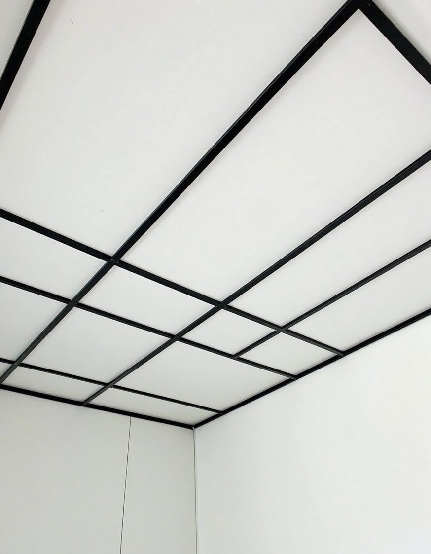 Innovative contemporary ceiling design - Modern Geometric Metal Grid Ceiling Design - Modern minimalist ceiling: a grid of black metal...