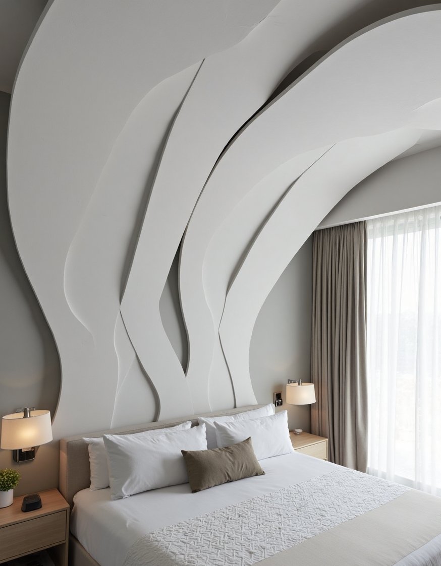 Innovative contemporary ceiling design - Modern Bedroom Ceiling: Soft Grey Wave Design - Modern bedroom ceiling: Subtle wave patterns, created by...